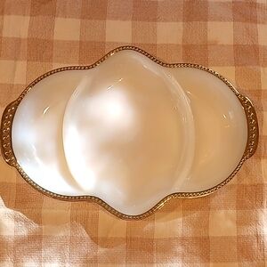 Rare Vintage Fire King Divided Milk Glass And Gold Divided Serving Dish
